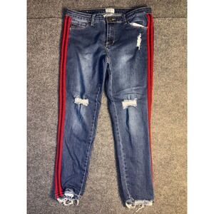 GoGo Jeans Women 11 Blue Denim USA Distressed Ripped Red & Black Striped Raw Hem